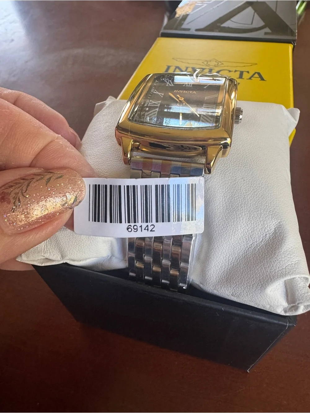 Invicta Men’s Rectangular Gold Tone Quartz Watch Black Roman Numeral Dial
